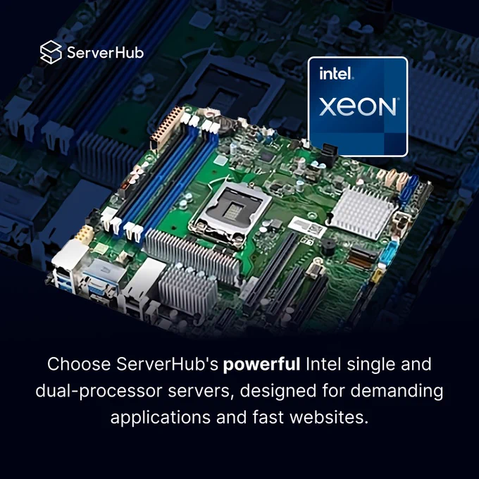 #ServerHub presents its latest service promotion, which states "Power up your hosting game with ServerHub's dedicated servers! Choose the Single Processor - Intel Xeon E Series for everyday tasks, or the robust Dual Processor - Intel Xeon E Series Processor for heavy-duty performance. Whichever you choose, you'll get exceptional reliability and support tailored for your business."