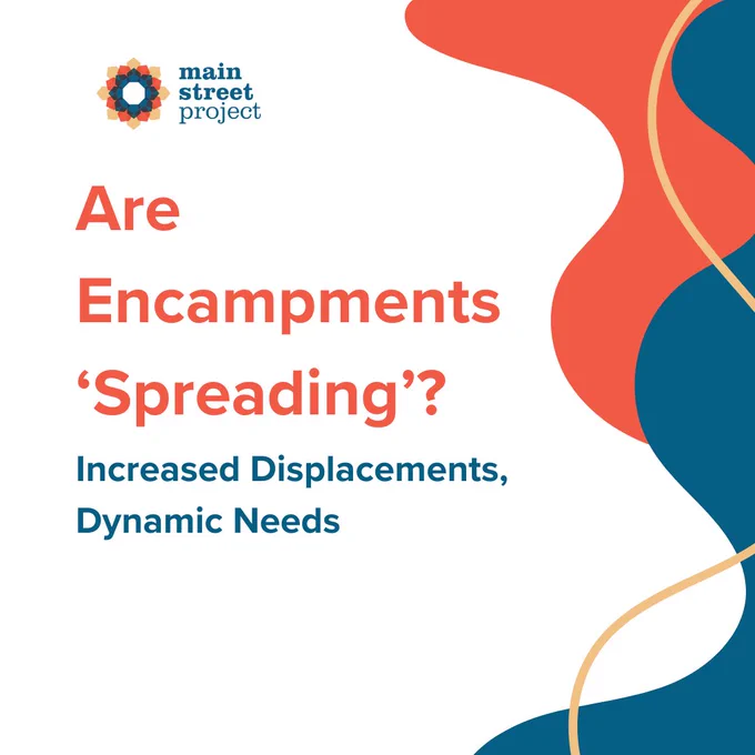 Image with text that reads "Are encampments 'spreading'? Increased displacements, dynamic needs"