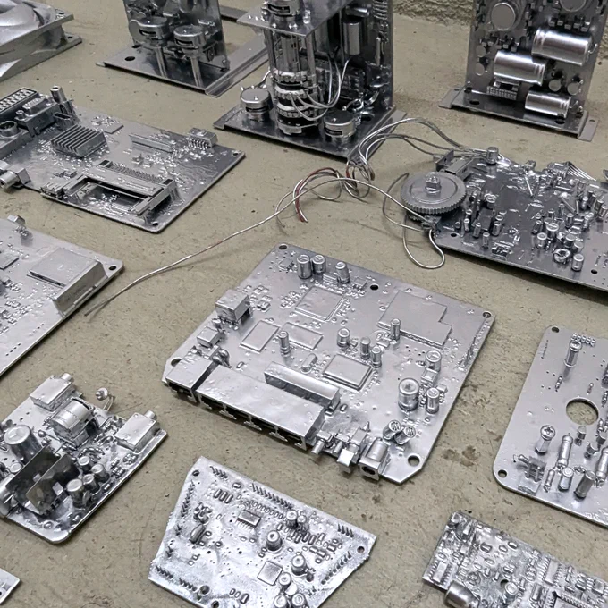 Intricate electronic circuit boards that have been coated in a reflective metallic finish; a variety of components, including capacitors, resistors, wires, and heat sinks, arranged on the boards; some boards stand vertically, while others lie flat on the floor; a noticeable detail is the silver wiring and gear mechanisms connecting some of the parts; the boards appear to be custom-built, likely crafted with attention to detail and technical precision, as they resemble modern electronics but with a polished, industrial aesthetic.