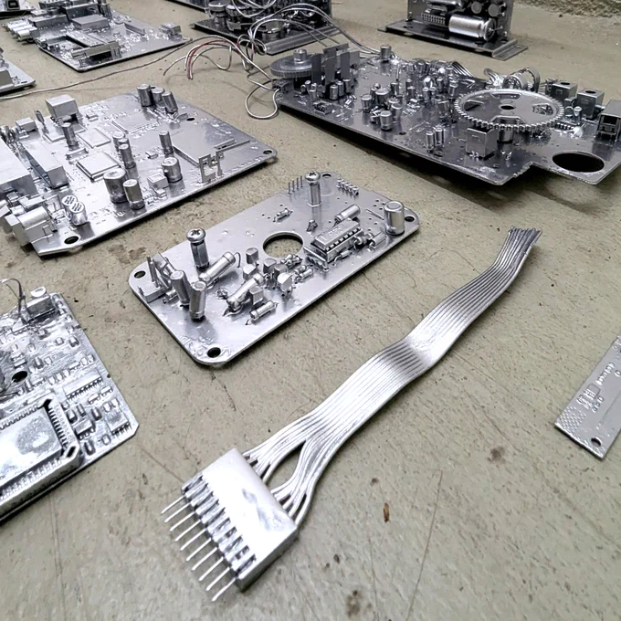Intricate electronic circuit boards that have been coated in a reflective metallic finish; a variety of components, including capacitors, resistors, wires, and heat sinks, arranged on the boards; some boards stand vertically, while others lie flat on the floor; a noticeable detail is the silver wiring and gear mechanisms connecting some of the parts; the boards appear to be custom-built, likely crafted with attention to detail and technical precision, as they resemble modern electronics but with a polished, industrial aesthetic.