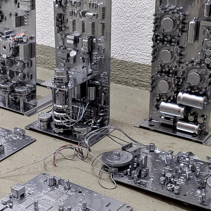 Intricate electronic circuit boards that have been coated in a reflective metallic finish; a variety of components, including capacitors, resistors, wires, and heat sinks, arranged on the boards; some boards stand vertically, while others lie flat on the floor; a noticeable detail is the silver wiring and gear mechanisms connecting some of the parts; the boards appear to be custom-built, likely crafted with attention to detail and technical precision, as they resemble modern electronics but with a polished, industrial aesthetic.