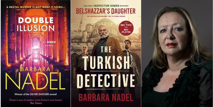 Author Barbara Nadel and two of her book covers - Double Illusion and Belshazzar's Daughter - The Turkish Detective