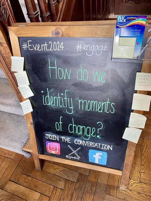 A photo of a blackboard with the handwritten text, “How do we identify moments of change?” in green chalk
