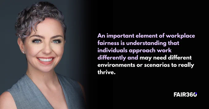Picture of headshot of Victoria Guitierrez, Senior Vice President and Chief Merchandising Officer at Syscowith adjacent text reading: An important element of workplace fairness is understanding that individuals approach work differently and may need different environments or scenarios to really thrive.