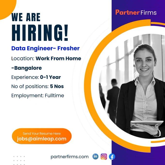 Data Engineer- Fresher
Experience: 0 to 1 Year
Location: Work from Home/Bangalore/India
Salary: 3 Lacs to 5 Lacs INR PA
No of positions: 3 Nos
Educational qualification: CS/IT/Engineering
Industry: IT/ITES
Notice Period: Immediate

Basic understanding of data structures, algorithms, and database management systems.
Understanding of cloud platforms such as AWS, Azure, or Google Cloud.
Internship or project experience in data engineering or a related field.

 Responsibilities:

Assist in the design, development, and maintenance of data pipelines and ETL processes.
Work with data warehousing solutions to support data analytics and reporting needs.
Collaborate with data scientists, analysts, and other stakeholders to understand data requirements and deliver high-quality data solutions.
Help in the development and optimization of SQL queries for data extraction and transformation.
Ensure data integrity and consistency across various data sources and systems.
Participate in troubleshooting a