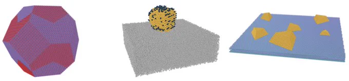 Example structures generated in Construction Zone, including (left) a multigrain core-shell oxide nanoparticle with strain-mediated grain alignment, (center) a heavily-faceted gold nanoparticle on a carbon substrate decorated with molecule ligands and (rights) a series of gold nano-islands on a bilayer of molybdenum disulfide, an inorganic molybdenum-sulfur compound. (Image: Luis Rangel DaCosta.)