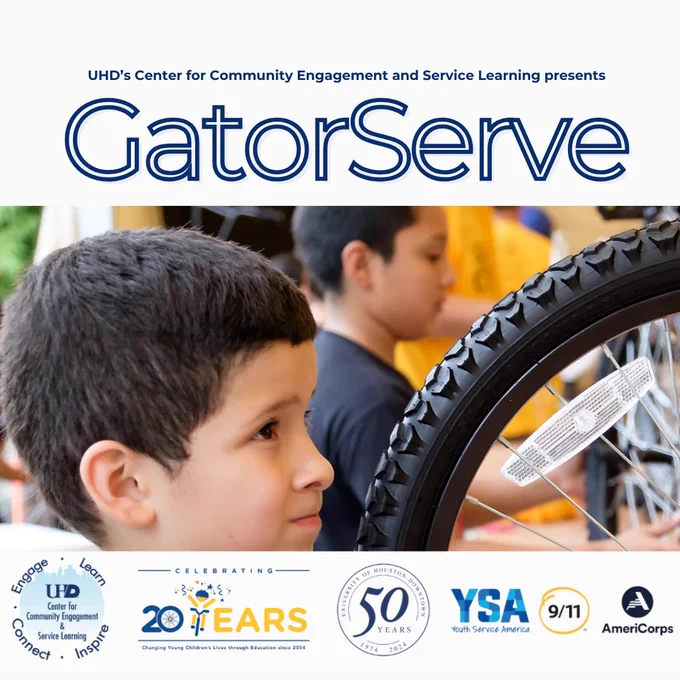Young child building a bicycle at a Cycle Houston "bike build". Text reads, "UHD's Center for Community Engagement and Service Learning presents GatorServe." Logos for UHD Community Engagement and Service Learning, Cycle Houston 20 year anniversary logo, UHD 50 logo, Youth Service America logo, 9/11 Day of Service logo, and AmeriCorps logo. 