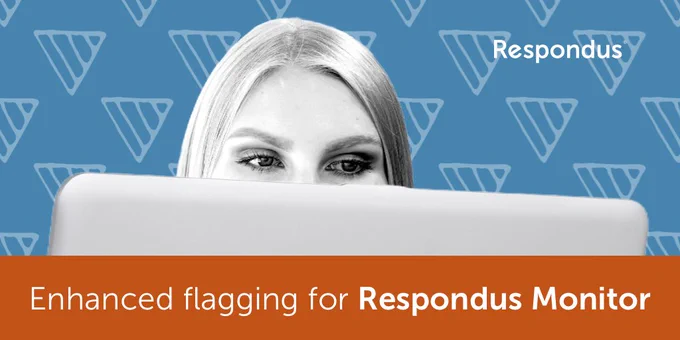 A woman looks at a laptop, and words at the bottom of the graphic say: Enhanced flagging for Respondus Monitor