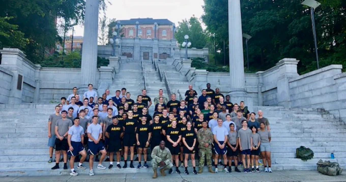 Members of all branches of the ROTC at RPI pose for a group shot on the Louis Rubin Memorial Approach on RPI's campus.