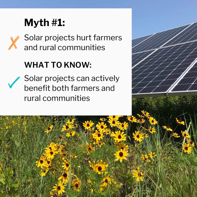 The image has a background of solar panels and yellow flowers in a field. The overlaid text presents: Myth #1: Solar projects hurt farmers and rural communities. What to know: Solar projects can actively benefit both farmers and rural communities.