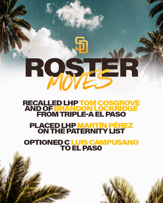 Roster moves graphic. The background of the graphic is a blue sky with white clouds and palm trees around the edges. Toward the top of the graphic, there is a gold “SD” logo. Below that, brown and gold text reads “Roster Moves”. Below that, additional brown and gold text reads “Recalled LHP Tom Cosgrove and OF Brandon Lockridge from Triple-A El Paso, placed LHP Martín Pérez on the paternity list, and optioned C Luis Campusano to El Paso”