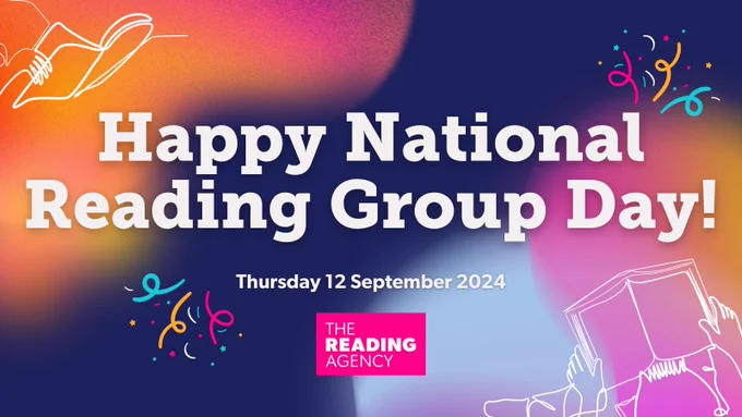A navy graphic with colourful blobs. It reads 'Happy National Reading Group Day!'