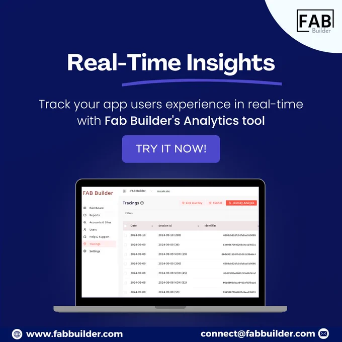 📊 Unlock real-time data at your fingertips!
Stay ahead of the game by tracking app's your users experiences with Fab Builder's Analytics Tool. Gain insights, improve performance, and drive growth!