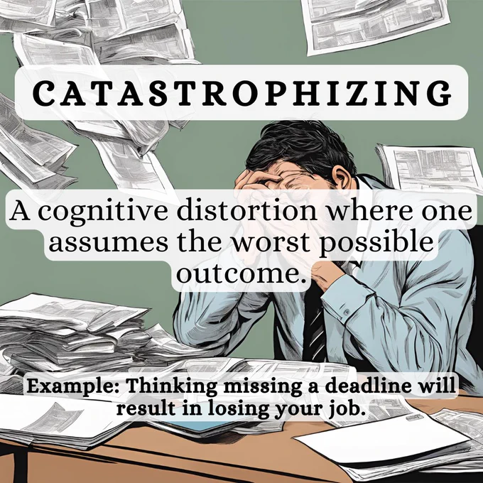 Catastrophizing: A cognitive distortion where one assumes the worst possible outcome.
Example: Thinking missing a deadline will result in losing your job.