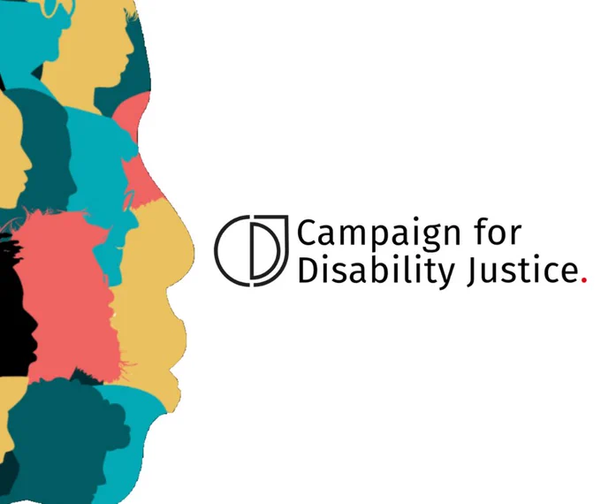 Campaign for Disability Justice logo. Graphic of several multicoloured silhouettes of heads that combine to make a larger face from a side view.