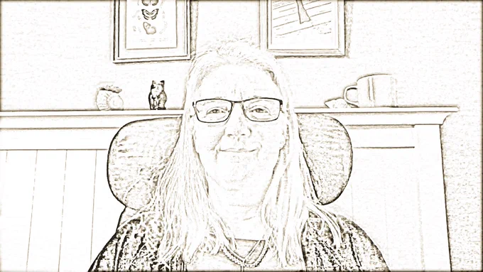A sketch-style portrait of Catherine Hale who is sitting up in bed against a headrest, smiling