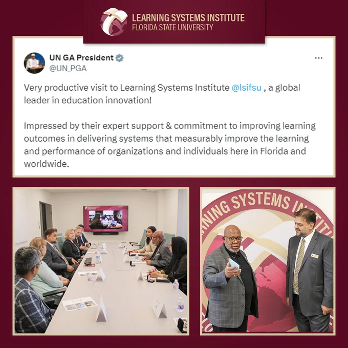 Graphic featuring a social post from Mr. Dennis Francis, President of the United Nations General Assembly. Below are two photos from Mr. Francis' meeting at LSI with Rabieh Razzouk and other staff members. 