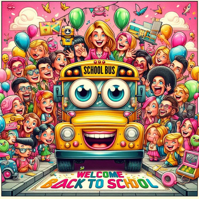 Editorial poster   Illustration of a comical school scene   Cartoon-style students and teachers with exaggerated features   Text "Welcome back to school" in a playful font   Vibrant colors, child-friendly aesthetic, high saturation   Happy, light-hearted mood, whimsical and humorous   Composition with many elements and interactions to draw viewer's attention