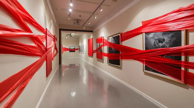 An art gallery corridor with paintings on the wall all covered in red tape