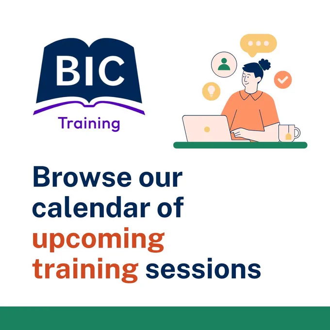 A white background with a dark green strip at the bottom with text reading: "Browse our calendar of upcoming training sessions". In the top right corner is a minimal line graphic of a person looking at a laptop screen and a lightbulb, tick, person and message icons floating above them.
