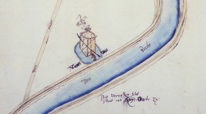 Huis ten Bosch op een kaart het Amsterdamse Burgerweeshuisland aan de Vecht en het Naardermeer uit 1592. Het vervallen kasteel is op de verkeerde oever van de Vecht afgebeeld, en ook zo vermeld: "Dit vervallen Slot staet aen Zuijt-Ooste Zij". | Bron: Pieter Bruinsz, beeldbank Stadsarchief Amsterdam (00367A000016).