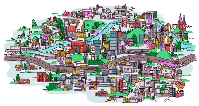 A colourful illustration showing a city with houses, flats, community buildings, roads and a river.