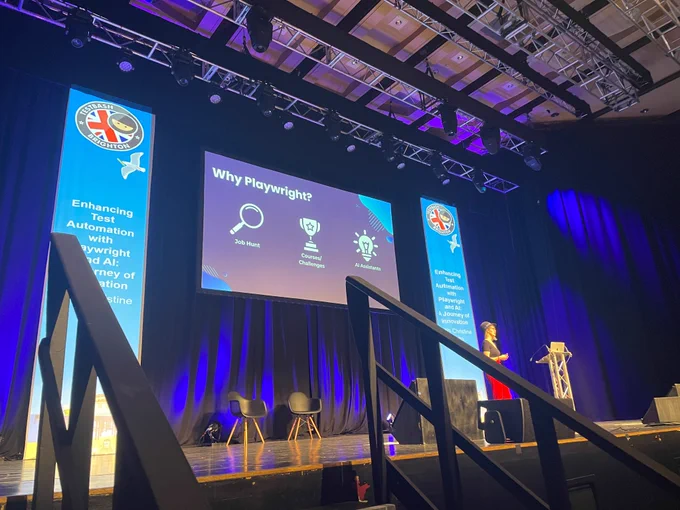 Christine Pinto giving talk at TestBash 