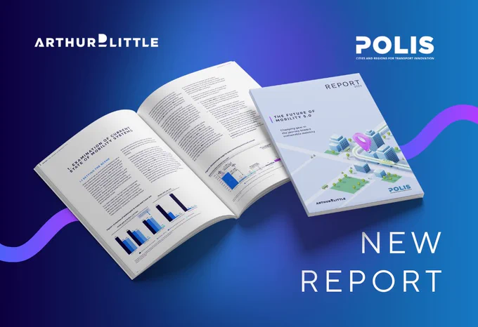 Visual of ADL x POLIS 'The future of mobility 5.0' report featuring cover and two pages opened, text stating 'New report', and POLIS and ADL logos