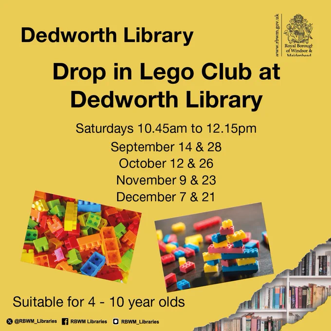 Mustard background with black writing.
Details of the sessions, including dates and times.
Images of Lego blocks.
Age suitability