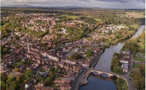 An aerial view of the River Severn flowing through the town of Bewdley