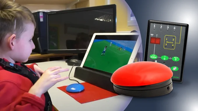 Child with special needs playing on iPad with switch