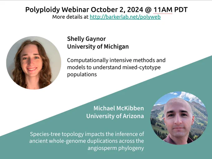 A flyer for the Polyploidy Webinar that will be at 11 AM Pacific Time on October 2, 2024. Shelly Gaynor from the University of Michigan will present "Computationally intensive methods and models to understand mixed-cytotype populations" and Michael McKibben from the University of Arizona will discuss "Species‐tree topology impacts the inference of ancient whole‐genome duplications across the angiosperm phylogeny".