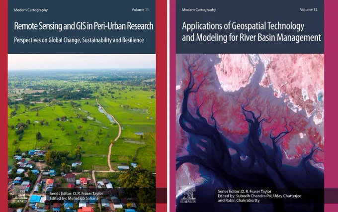 Two books covers side-by-side: "Remote Sensing and GIS in Peri-Urban Research: Perspectives on Global Change, Sustainability and Resilience" (left) and "Applications of Geospatial Technology and Modeling for River Basin Management" (right)