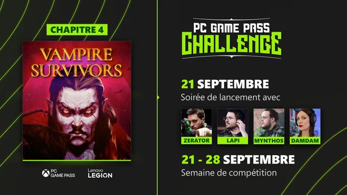 Visuel regroupant les infos du chapitre 4 du GPC :

21 septembre : soirée de lancement avec ZeratoR, Lapi, Mynthos et DamDam
21 au 28 septembre : semaine de compétition sur Vampire Survivors