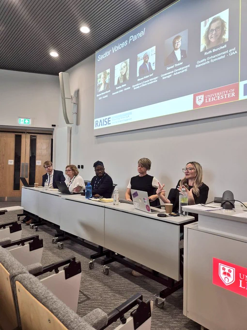 The RAISE Sector Voice Panel speaking in a lecture theatre at the University of Leicester