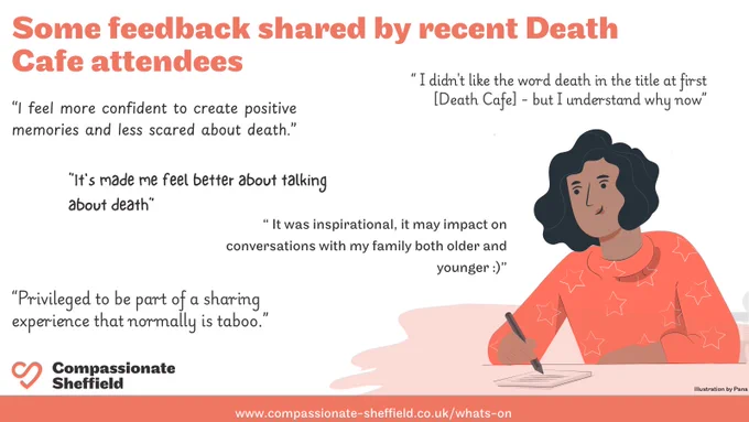 The image shows text that reads: “Some feedback shared by recent Death Cafe attendees  “ I didn't like the word death in the title at first [Death Cafe] - but I understand why now” “It's made me feel better about talking about death”  “Privileged to be part of a sharing experience that normally is taboo.” “I feel more confident to create positive memories and less scared about death.” “ It was inspirational, it may impact on conversations with my family both older and younger :)”” There’s an illustration of a woman in the corner, she is wearing an orange, star covered jumper and has short black hair and brown skin, she is writing on a piece of paper. The Compassionate Sheffield logo is in the bottom left.