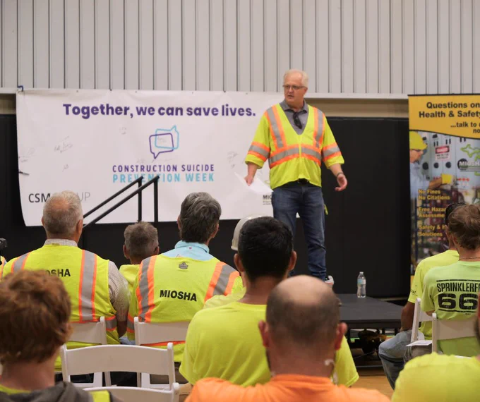 @MI_OSHA Construction Safety Consultant Jim Getting speaks about mental health awareness during MIOSHA's Construction Suicide Prevention Awareness event on Sept. 11, 2024.  