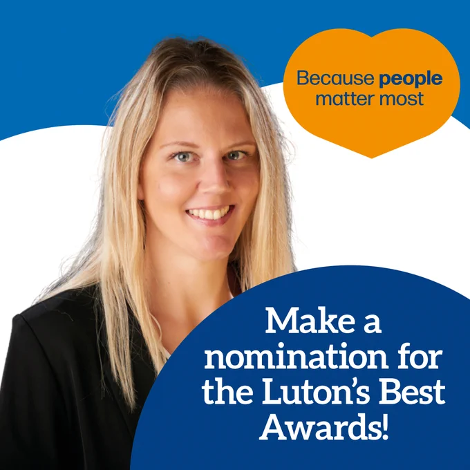 Photo of Sabine with text 'make a nomination for the Luton's Best Awards'