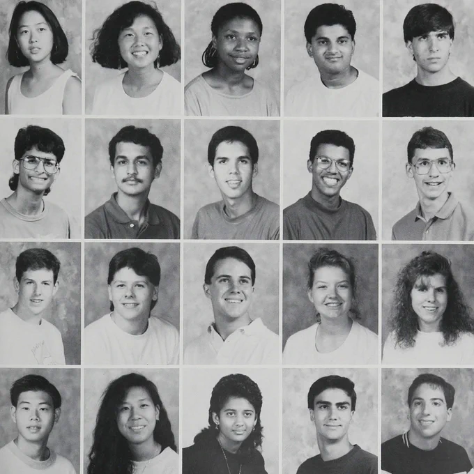 Twenty headshots printed in a yearbook in black and white in the nineties.