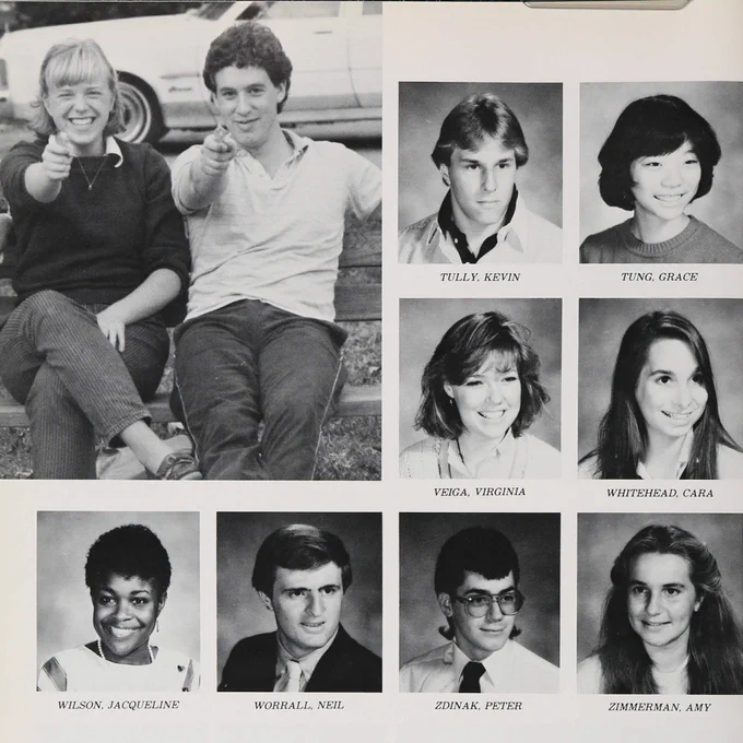 A yearbook page with photos of eight student headshots and one photo in the top left of the page that shows two students sitting on a bench together pointing water guns at the camera.