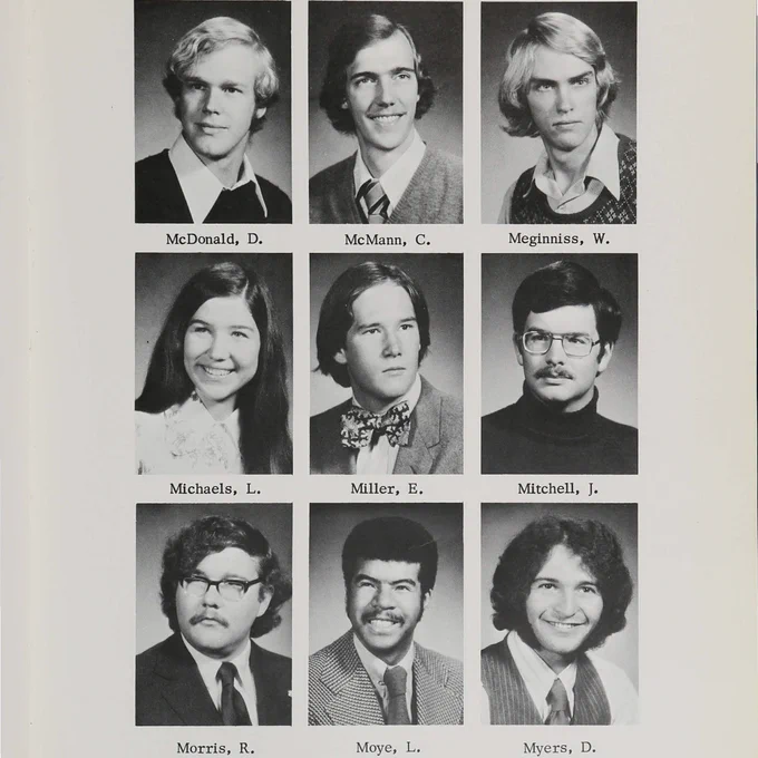A yearbook page shows nine photos of students from the 70s.