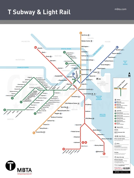 Current MBTA T map in the style of the Los Angeles Metro map