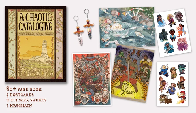 A spread of items available for purchase on https://crowdfundr.com/HieronZine, including the zine itself, a blade in the dark keychain, 3 postcards, and 2 sticker sheets.