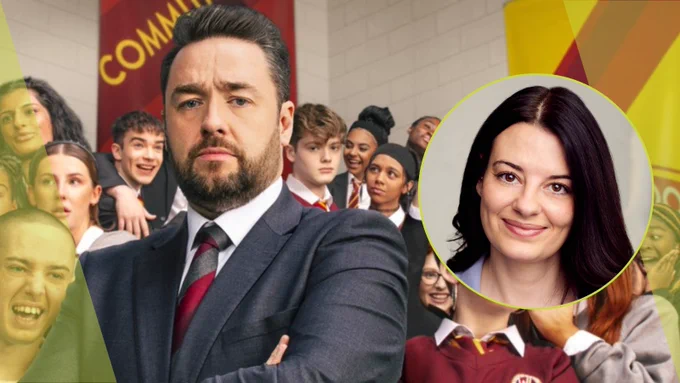 Promotional photo for WATERLOO ROAD - a white man in a suit with his arms crossed looks sternly into camera. He is surrounded by schoolchildren. In the bottom right-hand corner is a headshot of Elizabeth Clare - a white woman with long brown hair & brown eyes. 