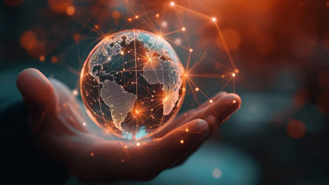 A digital globe hovering over a hand.