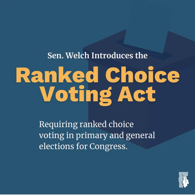 Graphic with a ballot box in the background. Text on the graphic reads:
Sen. Welch introduces the 
Ranked Choice Voting Act
Requiring ranked choice voting in primary and general elections for Congress.