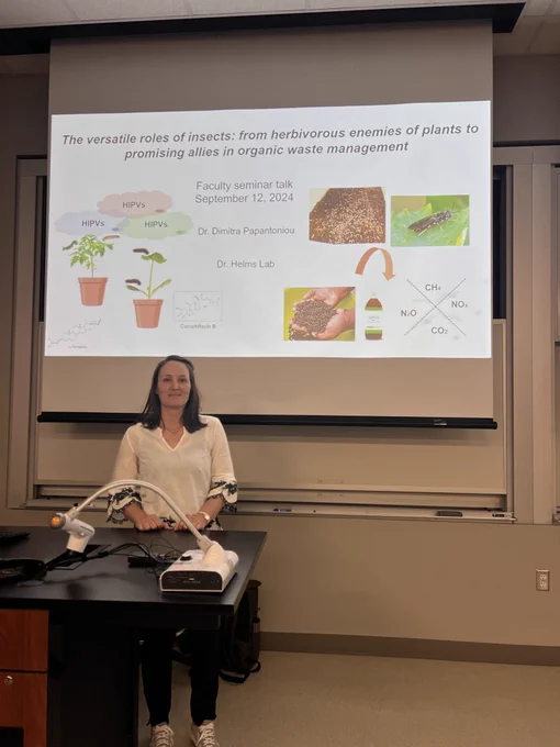 Dr. Dimitra Papantoniou with Dr. Anjel Helms lab preparing to present her seminar talk titled “The versatile roles of insects: from herbivorous enemies of plants to promising allies in organic waste management”.