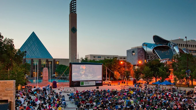 Hundreds of people gather in Churchill Square for Movies on the Square.
