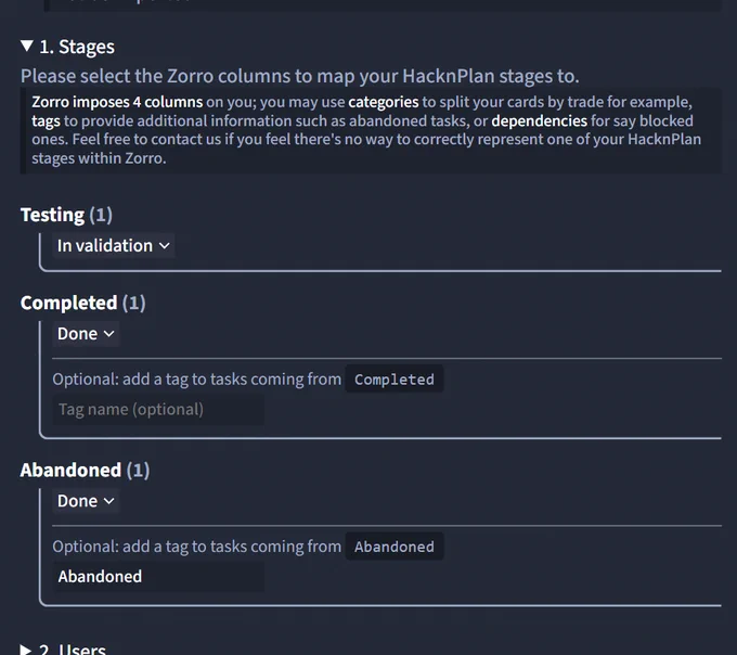 A screenshot of a part of the HacknPlan data import process in Zorro. Zorro imposes 4 colums on you, thus lets you here remap your HacknPlan custom stages and add an optional tag when merging 2 (or more) stages to the same target column.