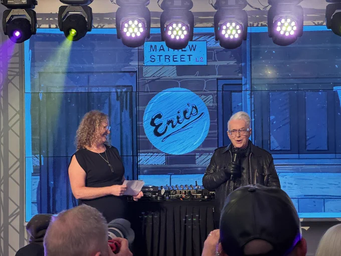 Holly Johnson talking on stage.